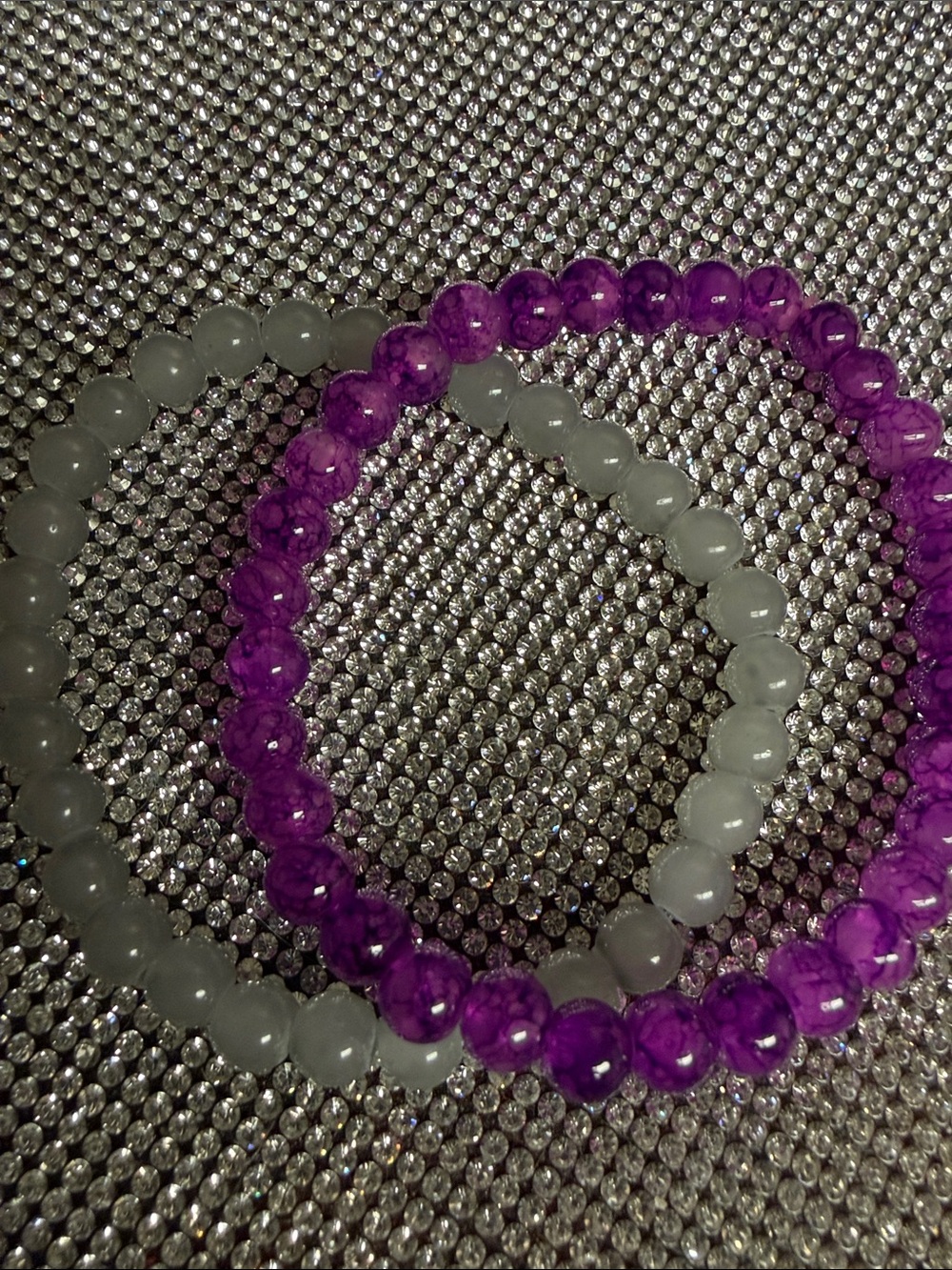 Purple and Light Gray Beaded Stretch Bracelet Set - Women Jewelry